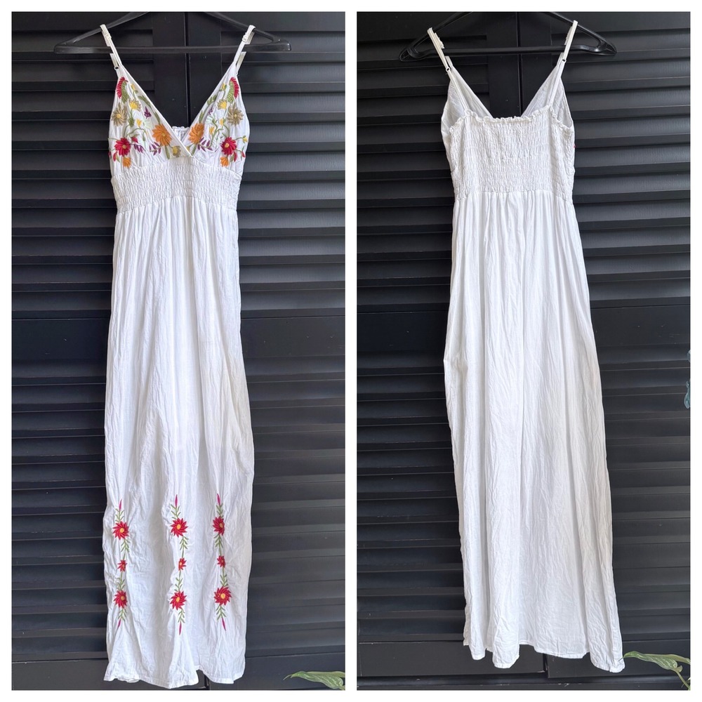 100% Cotton Ocean Breeze White Maxi Beach Dress Embroidered Floral Small